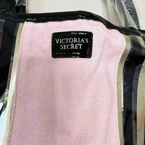 Victoria Secret TRAVEL Glass Stripe City Tote Bag BEACH Wristlet Pink Black Ltd - Picture 3 of 5